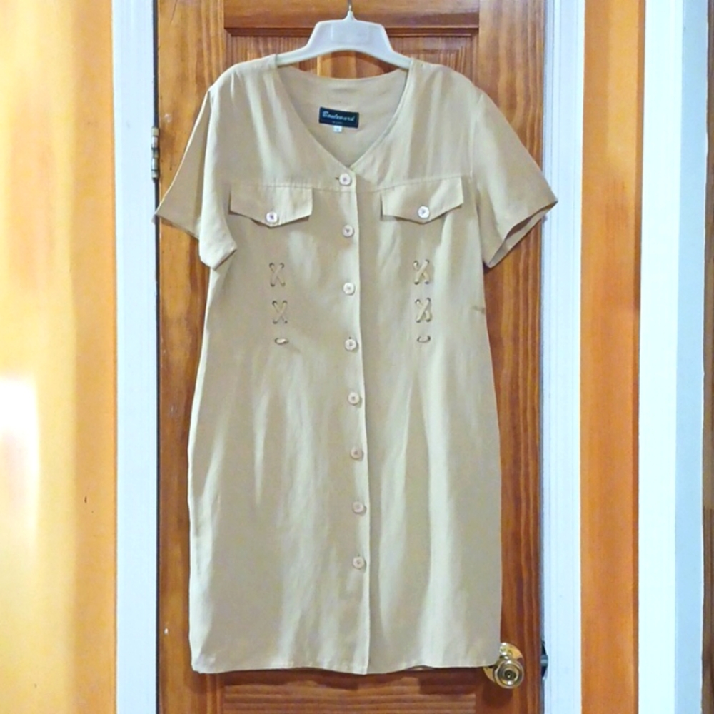 Boulevard de Paris Button Down Short Sleeve Yellow Linen Blend Dress Size 10